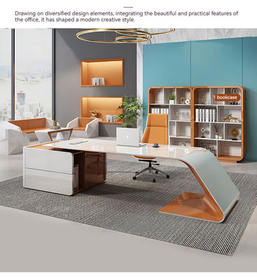Mobiliário de escritório Design de luxo Escritório executivo brilhante com forma de L e armário de tamanho longo