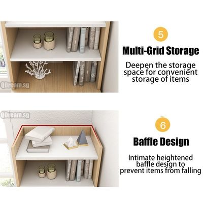 Mesa de computador minimalista com estante de livros e armário de gaveta