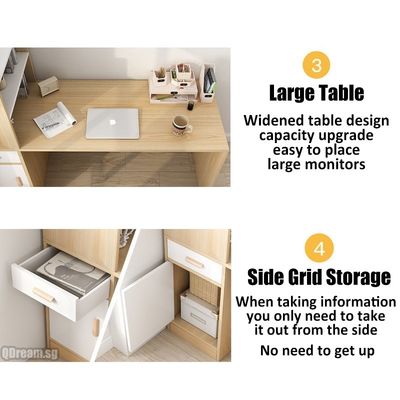 Mesa de computador minimalista com estante de livros e armário de gaveta