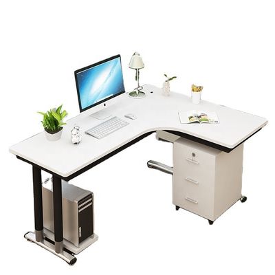 Mesa de escritório em forma de L de madeira com função de elevação